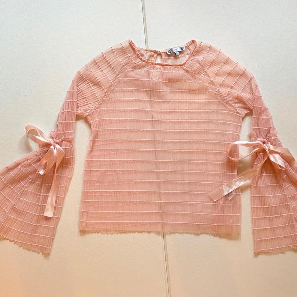 Iris Pink Sheer Mesh Bell Sleeve Top w/ Satin Bows Size L